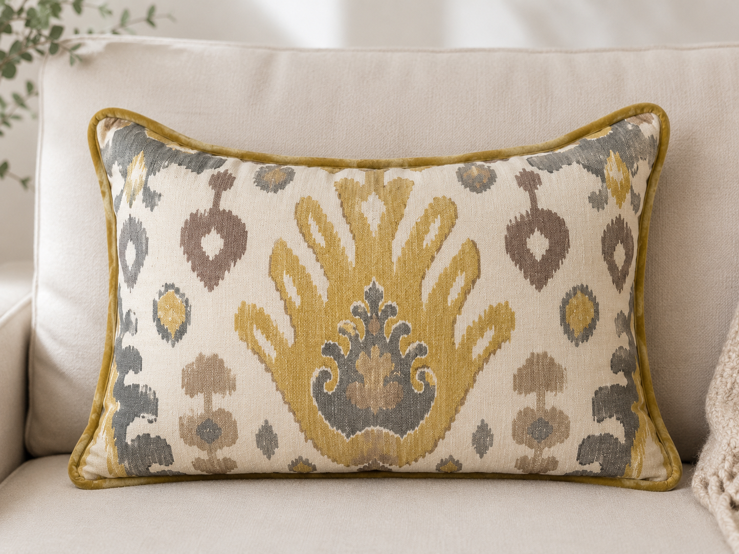 Cojín lino beige-ikat Bali mostaza