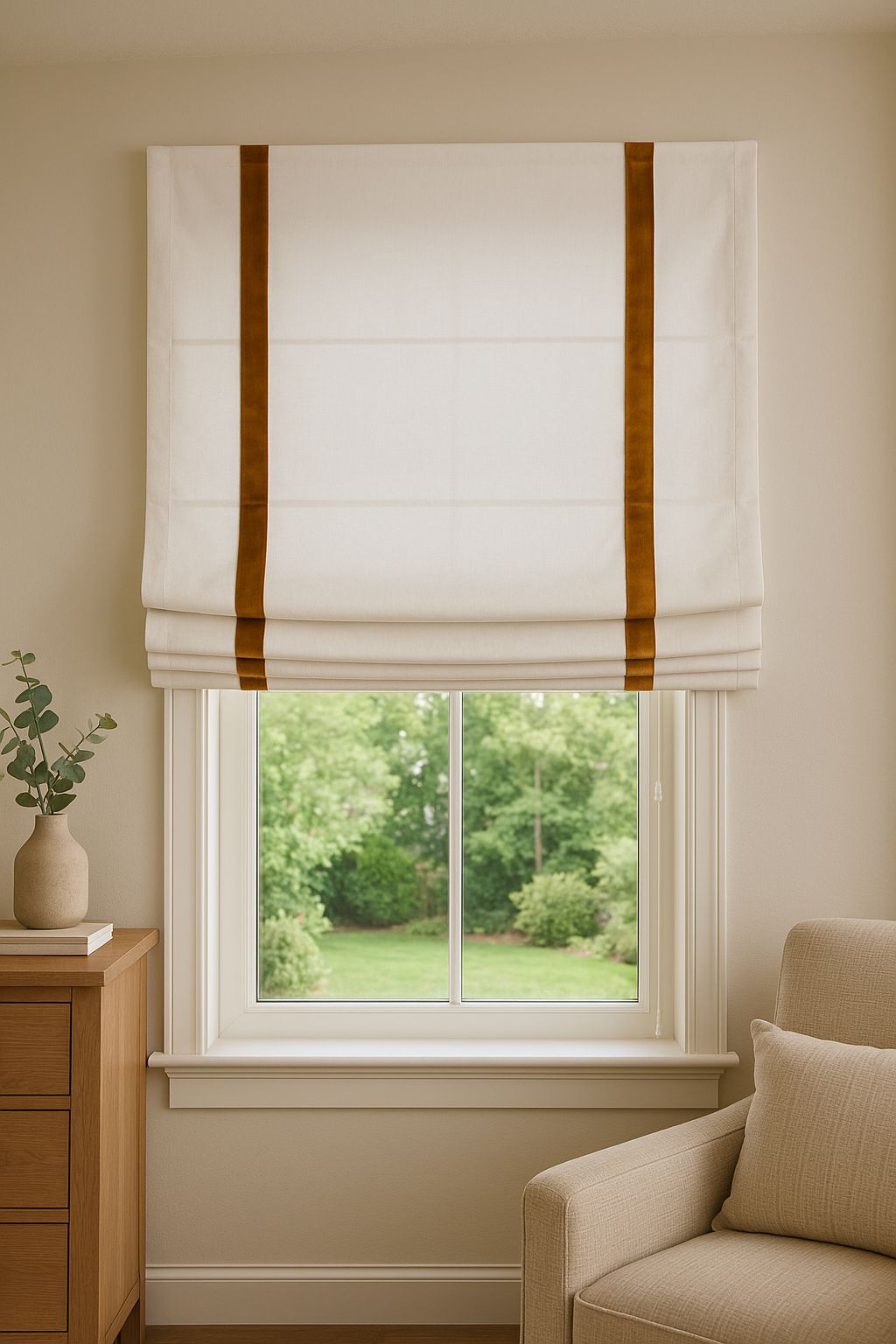 Estor blanco con tira de terciopelo